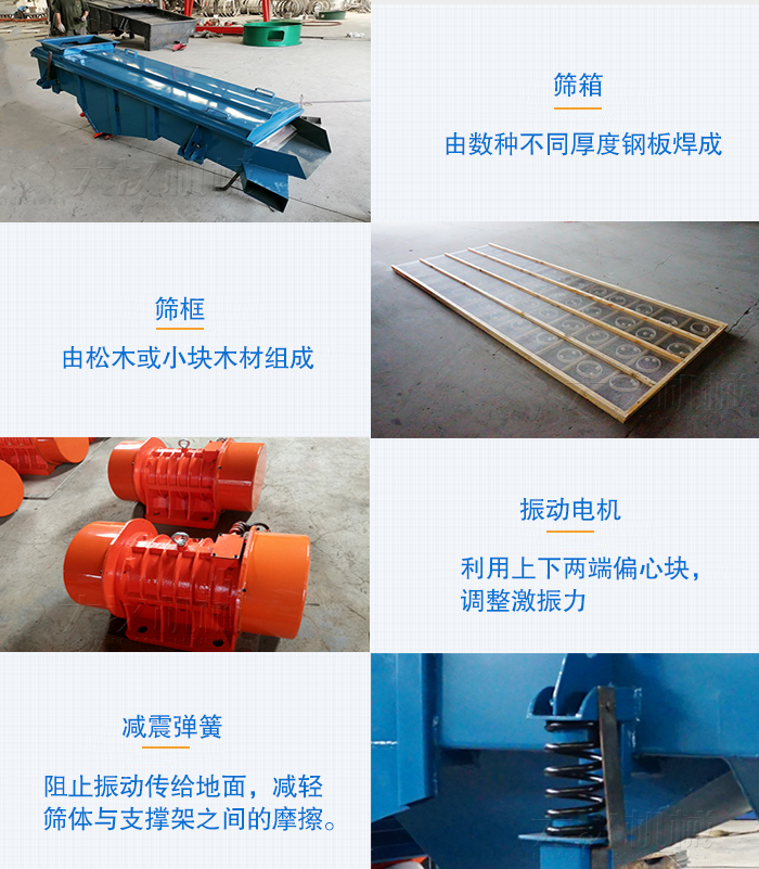 小型直線篩篩箱，篩框，振動電機，彈簧等部件圖片展示